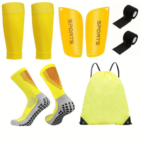 Set de 6 piezas de equipo deportivo de fútbol para adultos (hombre y mujer). Calcetines antideslizantes, rodilleras, espinilleras, mochila con cordón, equipo de entrenamiento deportivo, poliéster y elastano, lavable a máq