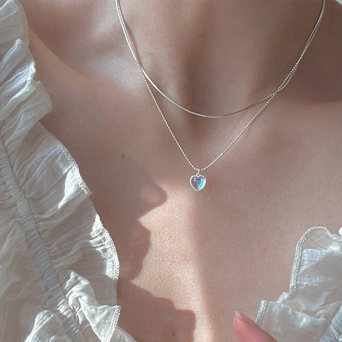 Collar de corazón Kpop para mujer, cadena de clavícula de amor de frijol de la suerte francés, collar femenino Simple coreano, colgante juvenil y  femenino de doble capa.