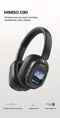 Auriculares inalámbricos MINISO G90 con cancelación de ruido y pantalla táctil, diseño estéreo HiFi plegable con micrófono integrado, tecnología inalámbrica 5.0, carga USB-C, pantalla digital, almohadillas acolchadas